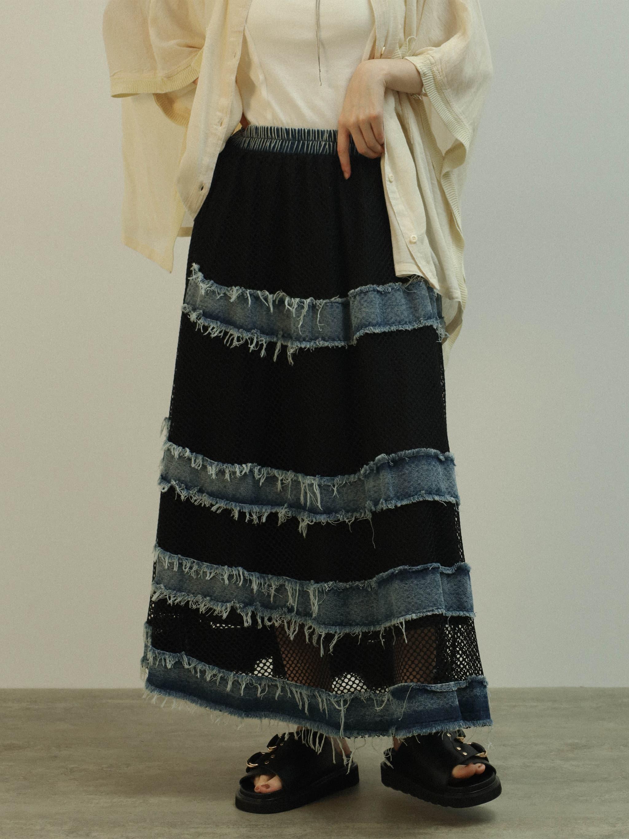 フリンジデニム×メッシュ切り替えフレアスカート